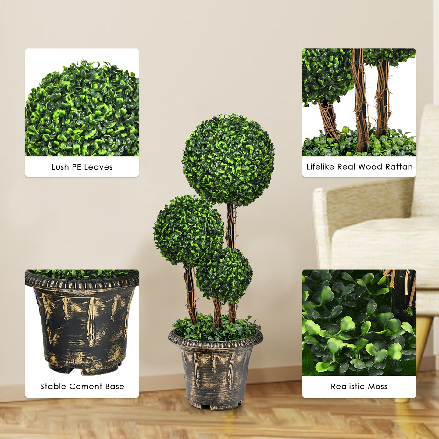 Costway 30&#x27;&#x27; Artificial Topiary Triple Ball Tree Indoor Outdoor UV Resistant