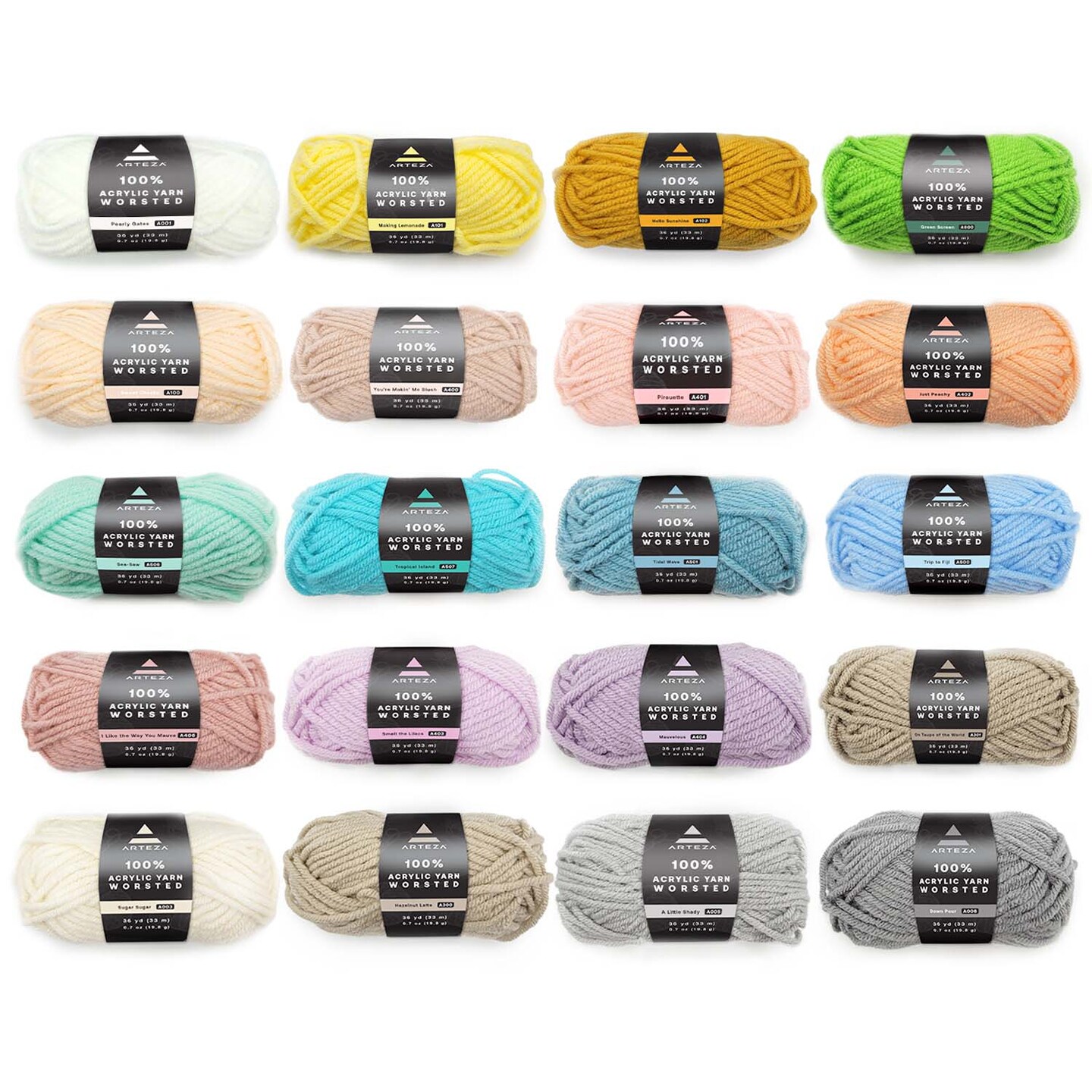 Arteza 100% Worsted Acrylic Yarn Multi Pack, Light Colors - Mini Pack ...