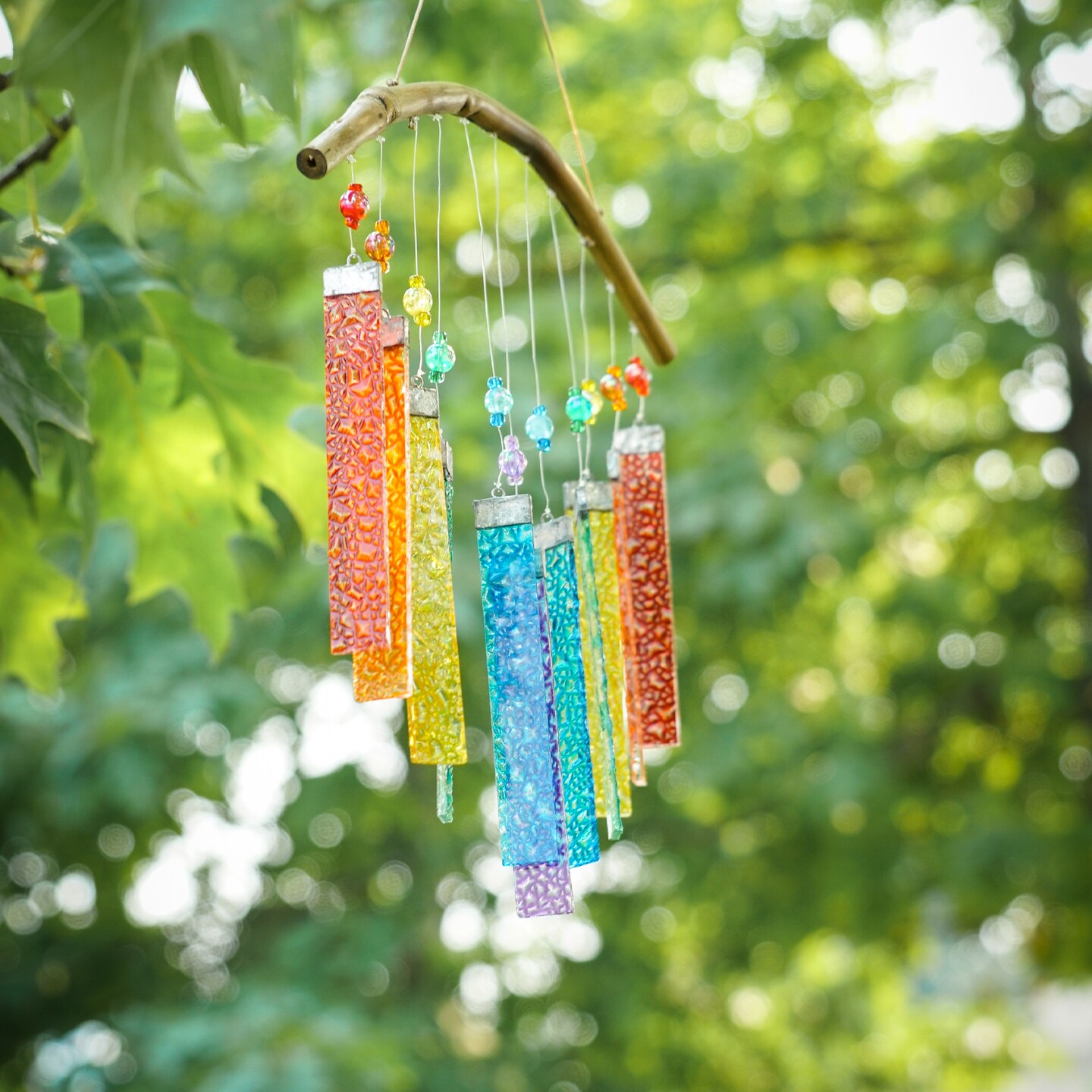 In the Breeze 7025 &#x2014; Rainbow Textured Glass Mobile Wind Chime - Colorful Hanging Suncatcher - Hanging Glass Decoration