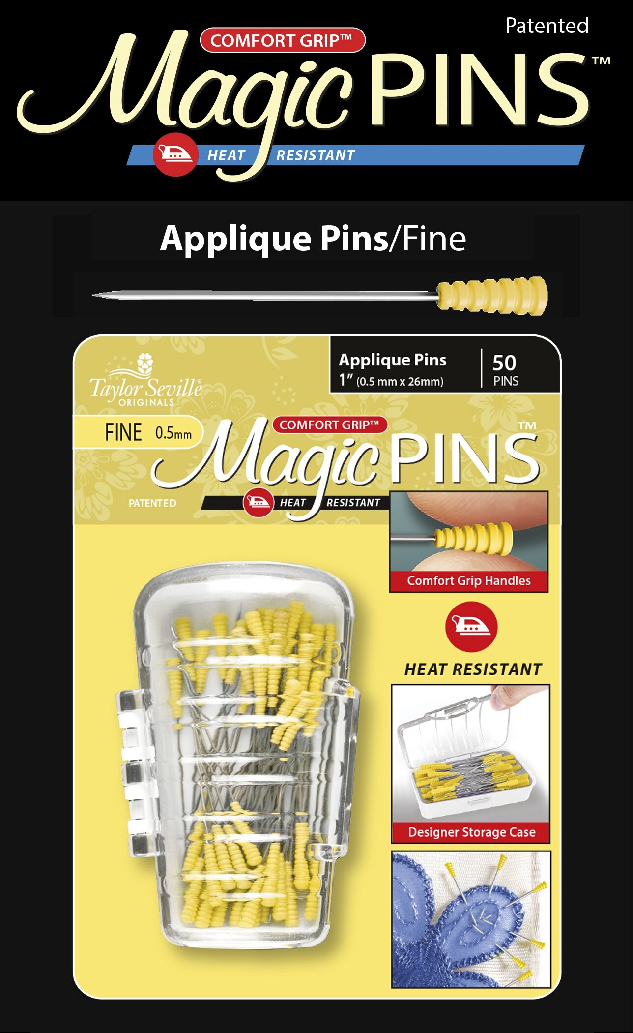 Taylor Seville Magic Pins - Applique Fine-Yellow 50/Pkg