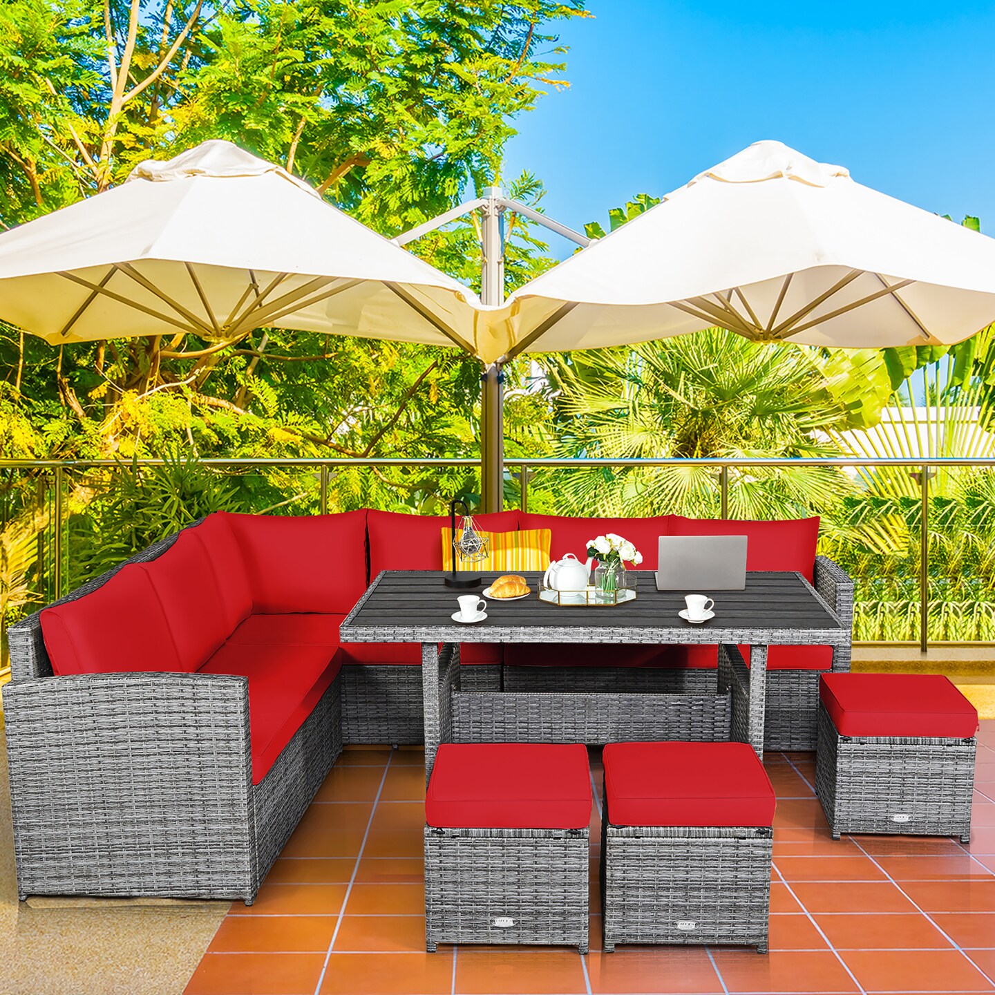 Costway 7 PCS Patio Rattan Dining Set Sectional Sofa Couch Ottoman Garden White\Red\Black