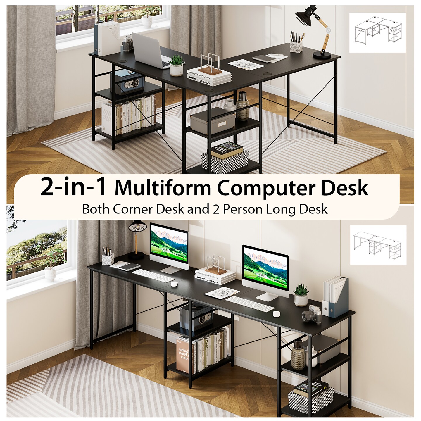 Costway 95&#x27;&#x27; Convertible L-shaped Corner Computer Desk 2-Person Long Desk Shelves Black