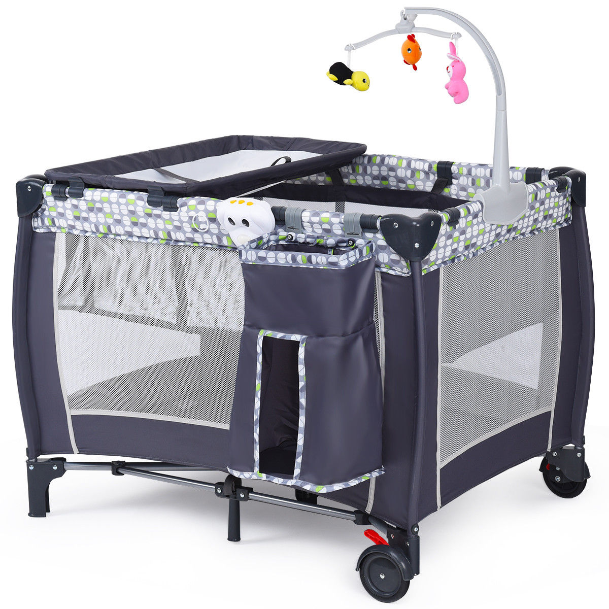 Costway Foldable Travel Baby Playpen Crib Infant Bassinet Bed Mosquito Net Music w/ Bag Grey