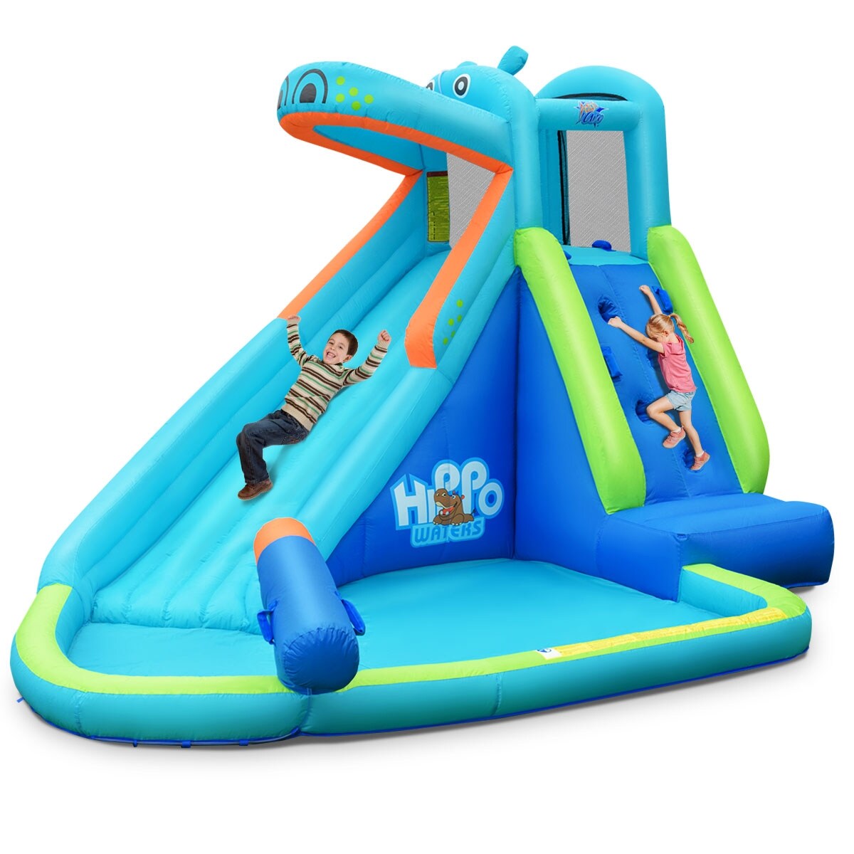 Hippo Inflatable Water Slide Bouncer With Climbing Wall Splash Pool Blue