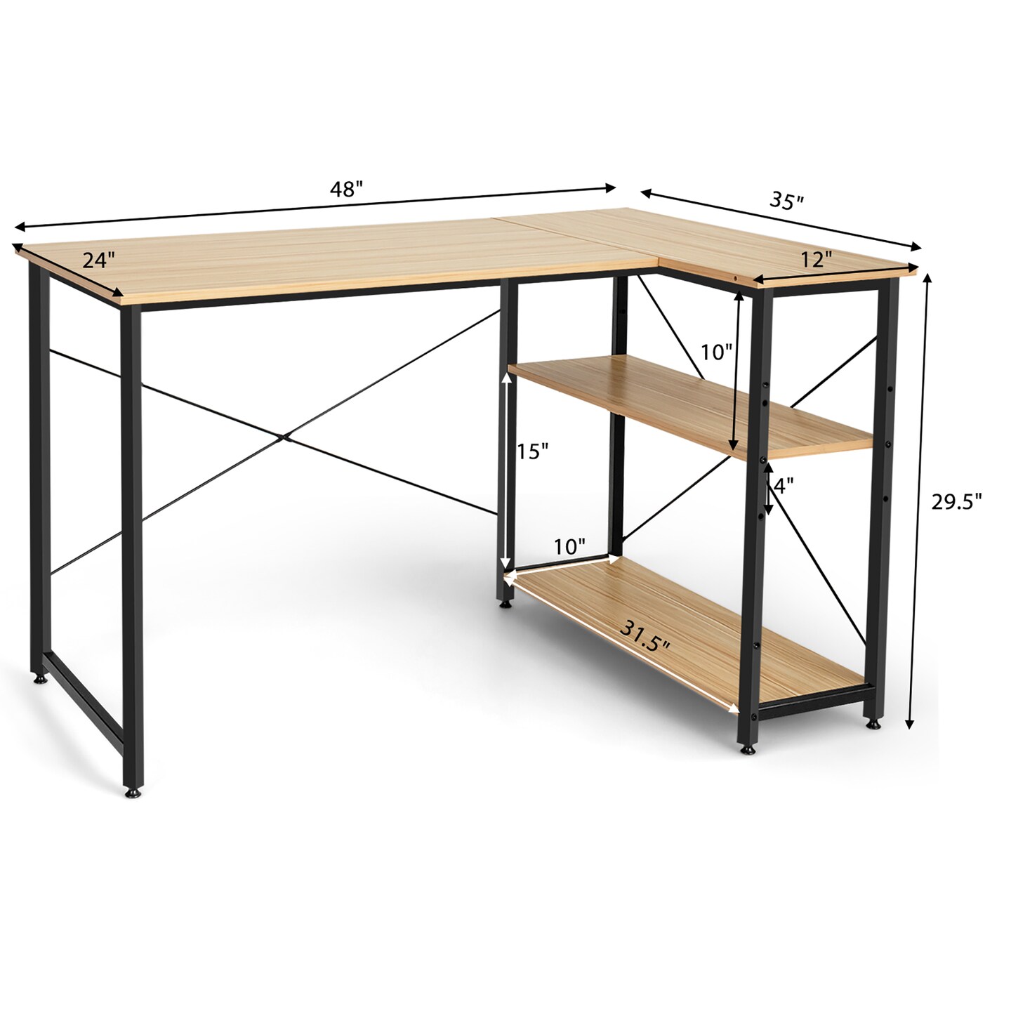 Costway 48&#x27;&#x27; Reversible L Shaped Computer Desk Home Office Table Adjustable Shelf Brown\Gray\Natural