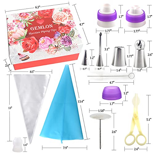 GEMLON Russian Piping Tips Cake Decorating Supplies 88 Baking Supplies Set 49 Icing Piping Tips 3 Russian Ball Piping Tip, Flower Frosting Tips, Bakes Flower Nozzles Large Cupcake Decorating Kit