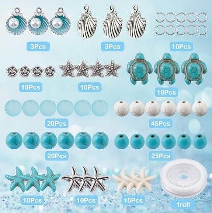 1 Box Summer Ocean Theme 8mm Turquoise Beads Bracelets Shell Charms Bracelet Making Kit Turtle Beads for Jewelry Making Craft Supplies Alloy Starfish Sandal Beads Necklace Anklets