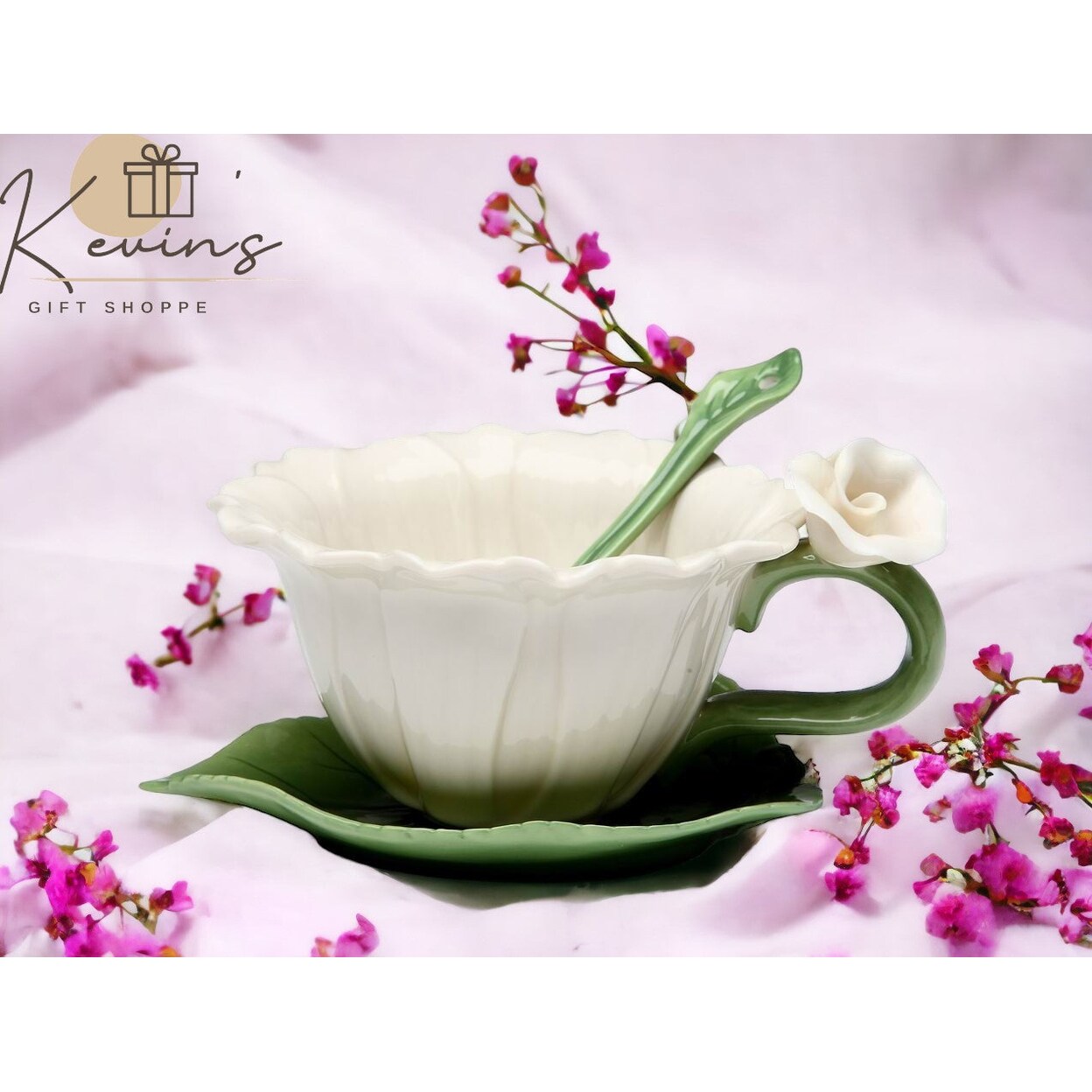 kevinsgiftshoppe Ceramic White Daisy Flower Cup and Saucer and Spoon-1 Set  Mom  Tea Party Decor Cafe Decor