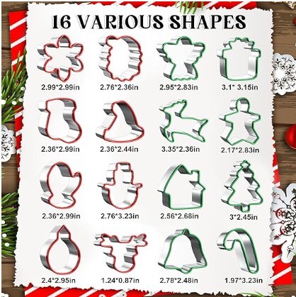 16-piece Christmas Cookie Cutters Set with Comfort Grip, 2.5-inch Stainless Steel Holiday Cookie Cutters for Baking Christmas Shapes, Gingerbread Man, Snowman, Christmas Tree, Xmas Party Supply Baking Gifts