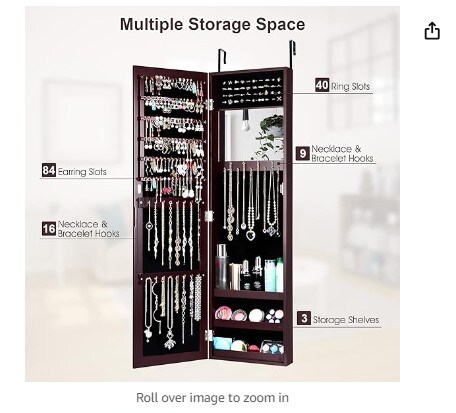 Full Length Mirror Jewelry Cabinet, Wall-Mounted Jewelry Organizer w/Makeup Mirror, Ring Slots and Necklace Hooks, Large Storage Jewelry Armoire for Bedroom, Dressing Room (Brown)