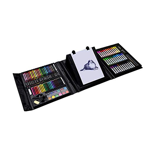 Darnassus 155-Piece Trifold Easel Art Set, Deluxe Professional Color Set, Compact Portable, with Crayons, Markers, Pencils, Color Cakes, and Sketch Pad, Crafts Gift for Ages 4-12