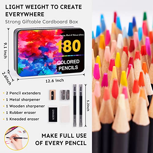 COOL BANK 180 Colored Pencils Set for Adult Coloring Books, Artist Pencils with Sketchbook, Coloring Book, Pencil Extenders, Eraser, Sharpener, Soft Core, Gift Tin Box for Beginners Artists