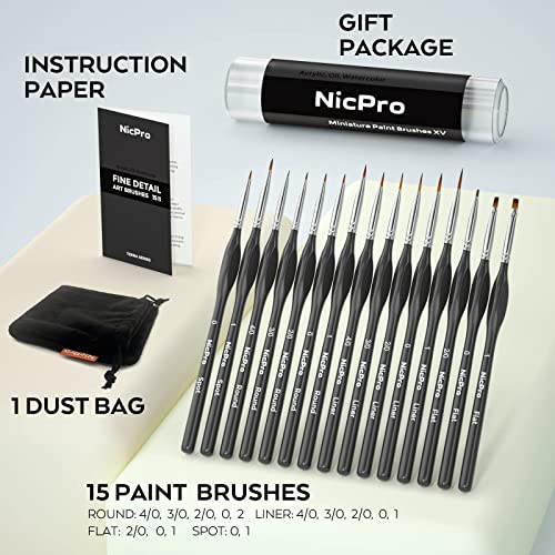 Nicpro Micro Detail Paint Brush Set,15 PCS Black Small Professional Miniature Fine Detail Brushes for Watercolor Oil Acrylic, Craft Models Rock Painting &#x26; Paint by Number -Come with Holder Bag