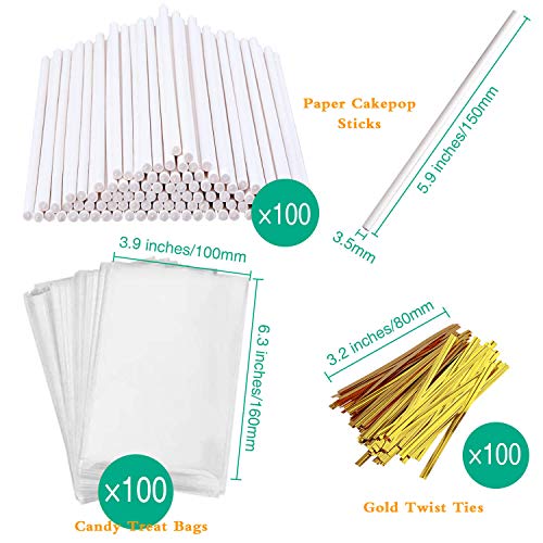 300 PCS Cake Pop Sticks and Wrappers Kit, Including 100ct 6-inch Paper Lollipop Sticks, 100ct Clear Candy Treat Bags Parcel, 100ct Gold Twist Ties for Cakepop, Lollipop, Hard Candy, Suckers, Chocolate