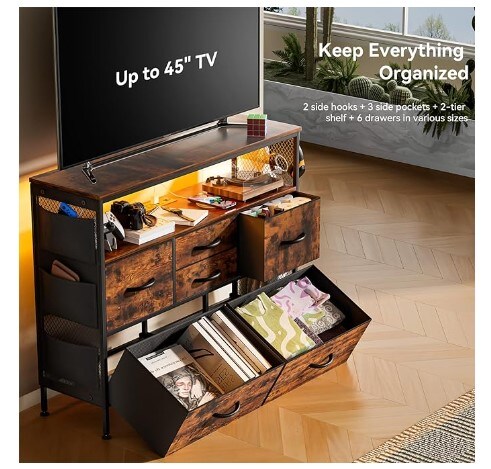 Fabric Chest of Drawers, Rustic Brown, 6 Drawer Dresser with Side Pockets &#x26; Hooks, Wide Dresser with Shelves for 45&#x22; TV, TV Stand for Bedroom with Power Outlets and LED Light