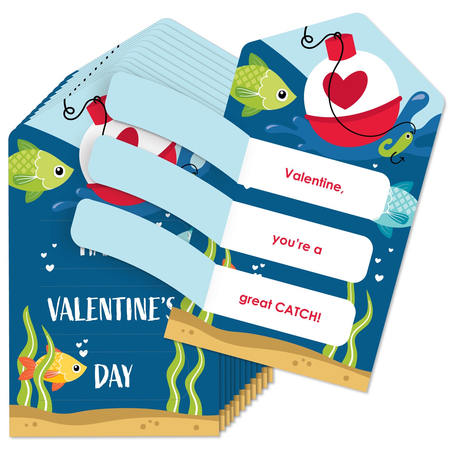 Big Dot of Happiness Let&#x27;s Go Fishing - Fish Cards for Kids - Happy Valentine&#x27;s Day Pull Tabs - Set of 12