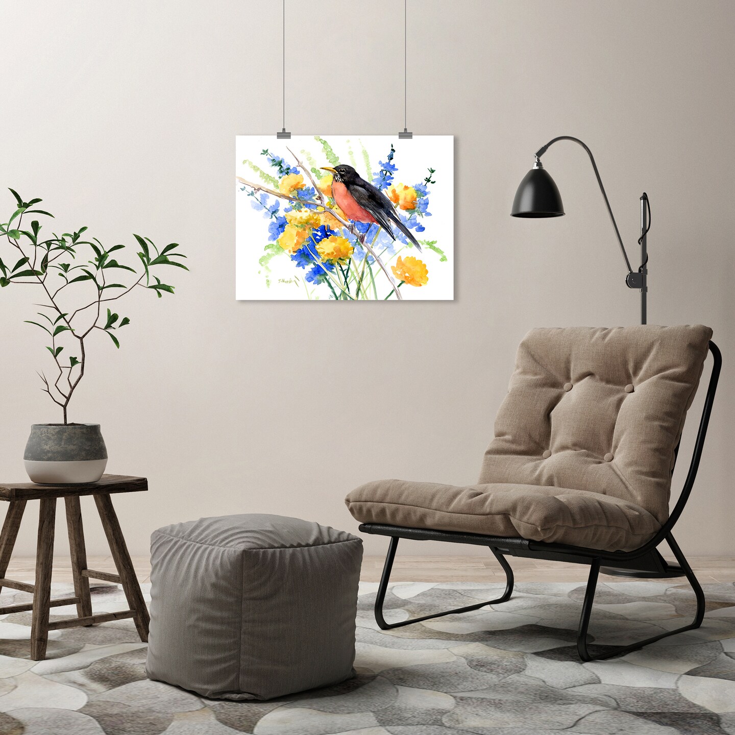 American Robin And Flowers by Suren Nersisyan  Poster - Americanflat