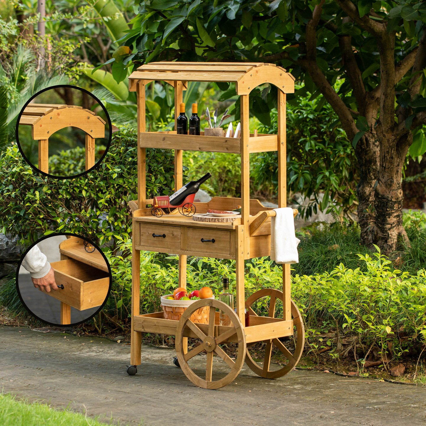 Large Wooden Display Rolling Table with Drawers and Wheels 3 Tier for Display, Modern Wood Wagon with Shelves for Food and More