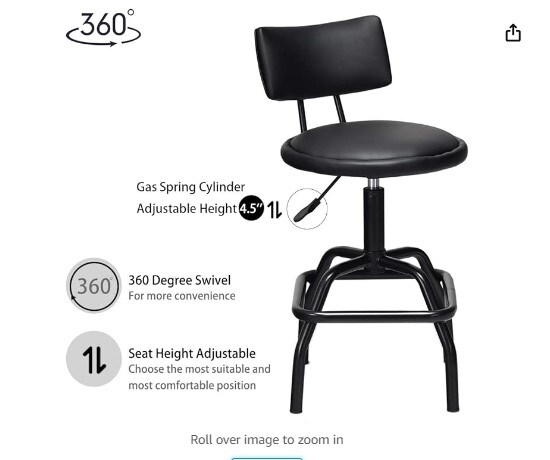 Adjustable Height Bar Stool, 360 Degree Swivel, Modern Guitar Stool with PU Leather Cushion, Heavy Duty Steel Frame for Bar, Shop, and Music, Garage, Black