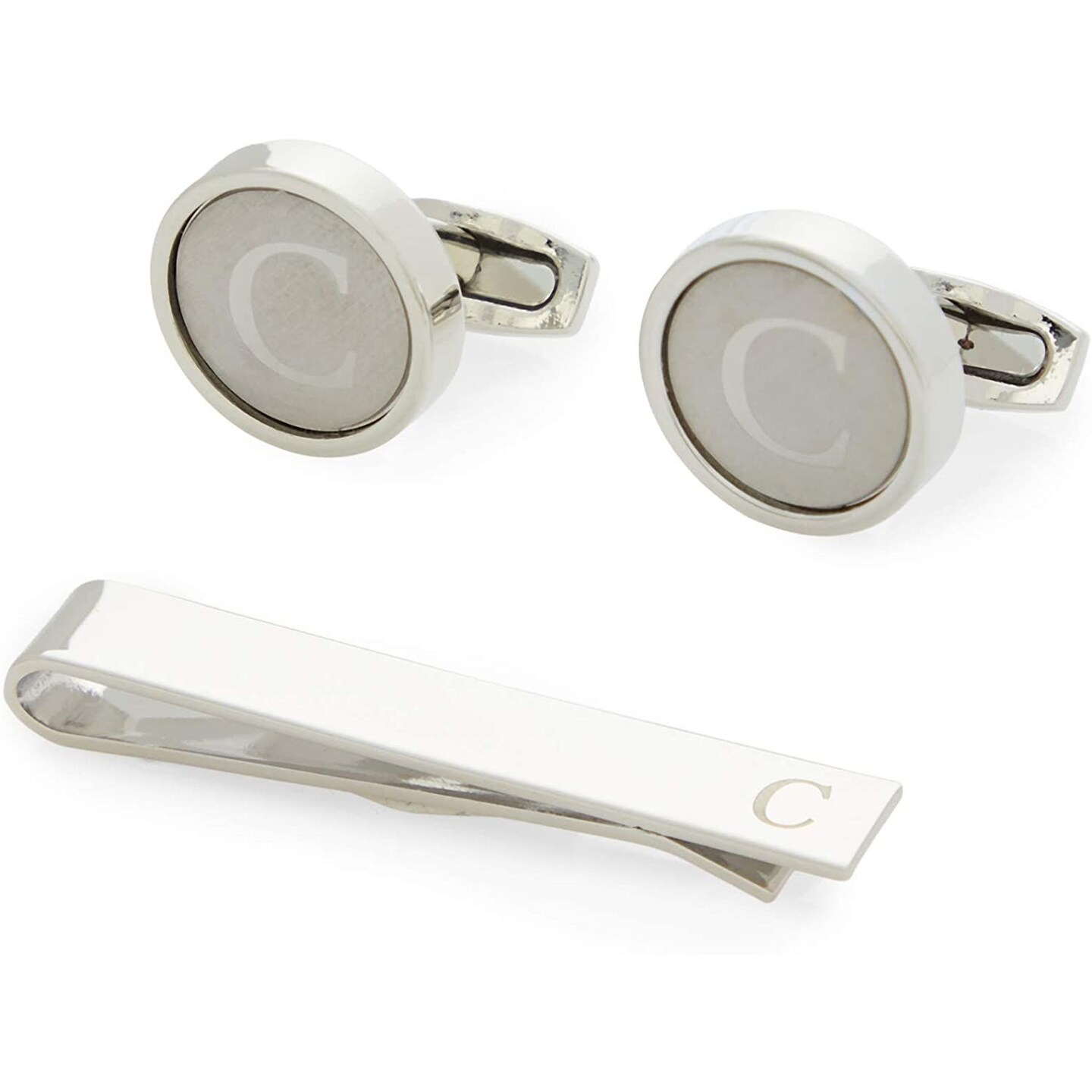 Men&#x27;s Initial Cufflinks Set and Tie Clips with Gift Box, Alphabet Letter Monogram C