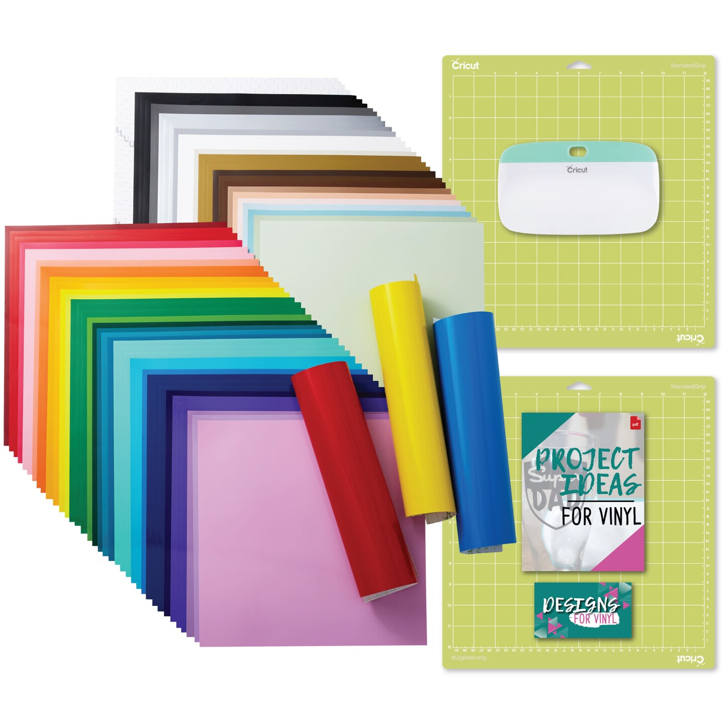 Cricut Permanent Vinyl 70ct Ultimate Sampler with Standard Grip Mat and XL Scraper Bundle