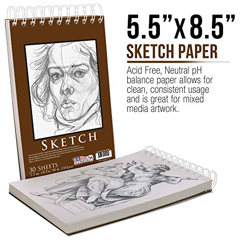 5.5" x 8.5" Top Spiral Bound Sketch Book Pad, Pack of 2, 30 Sheets Each, 90lb (160gsm) - Acid-Free Heavyweight Paper, Artist Sketching Drawing Pad - Pencils, Charcoal - Adults, Student