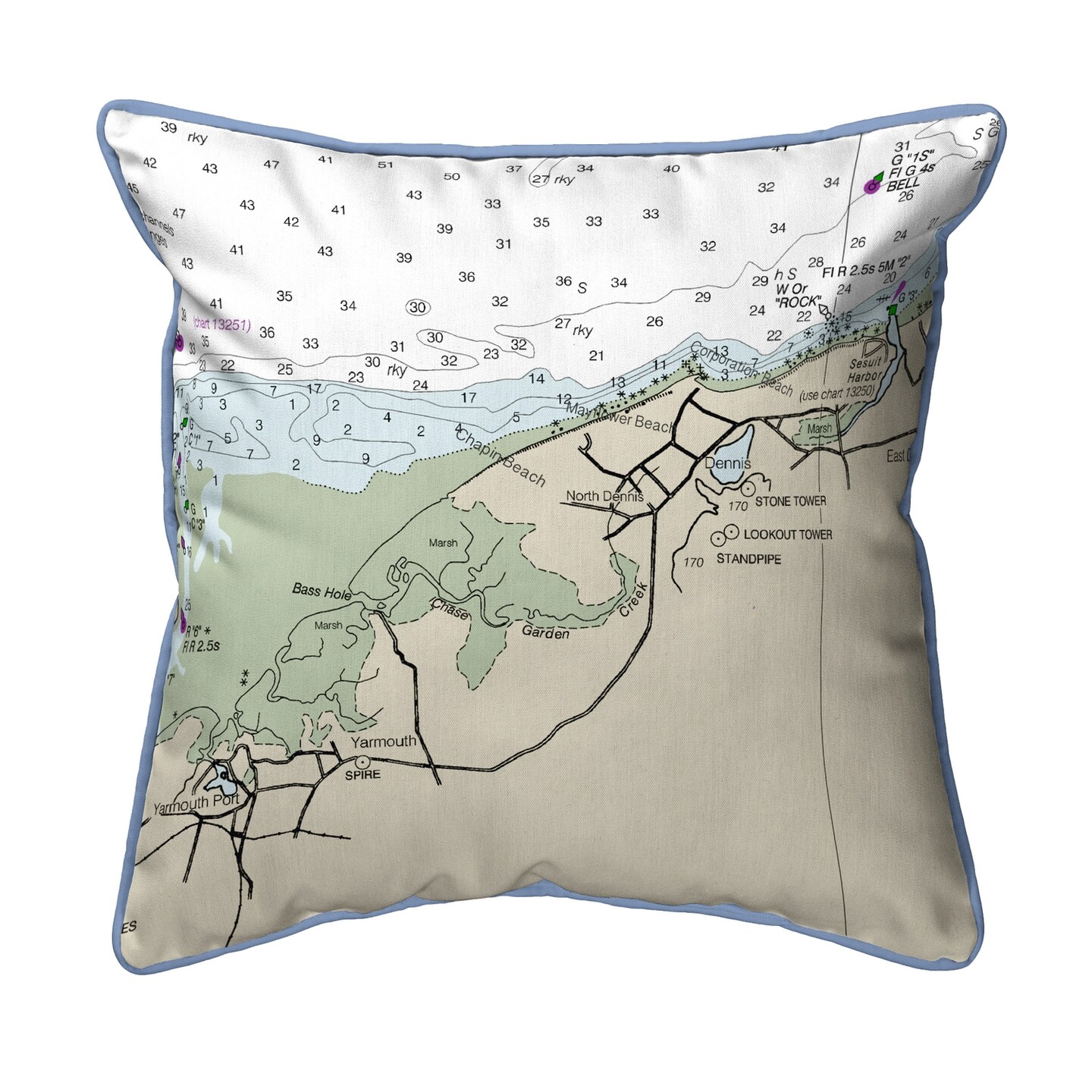 Cape Cod Dennis Map Pillow 12x12 &#x2013; Small Corded Decor