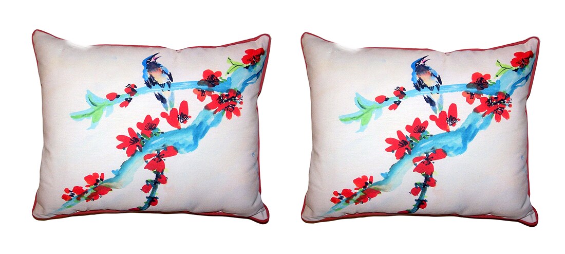Pair Of Betsy Drake Red Buds Bird Small Outdoor/Indoor Pillows