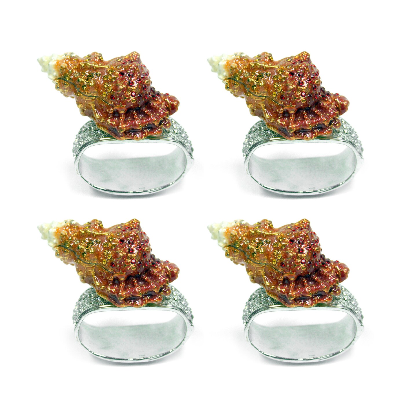 Set of 4 Rhinestone Encrusted Metal Conch Shell Napkin Rings