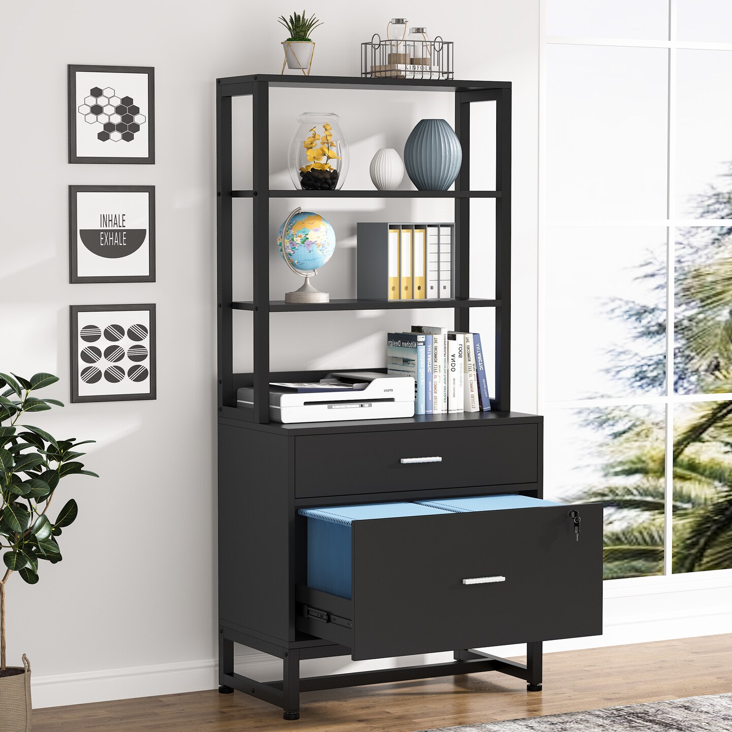 Tribesigns 2 Drawer Locking File Cabinet With Bookshelf Black Durable Storage