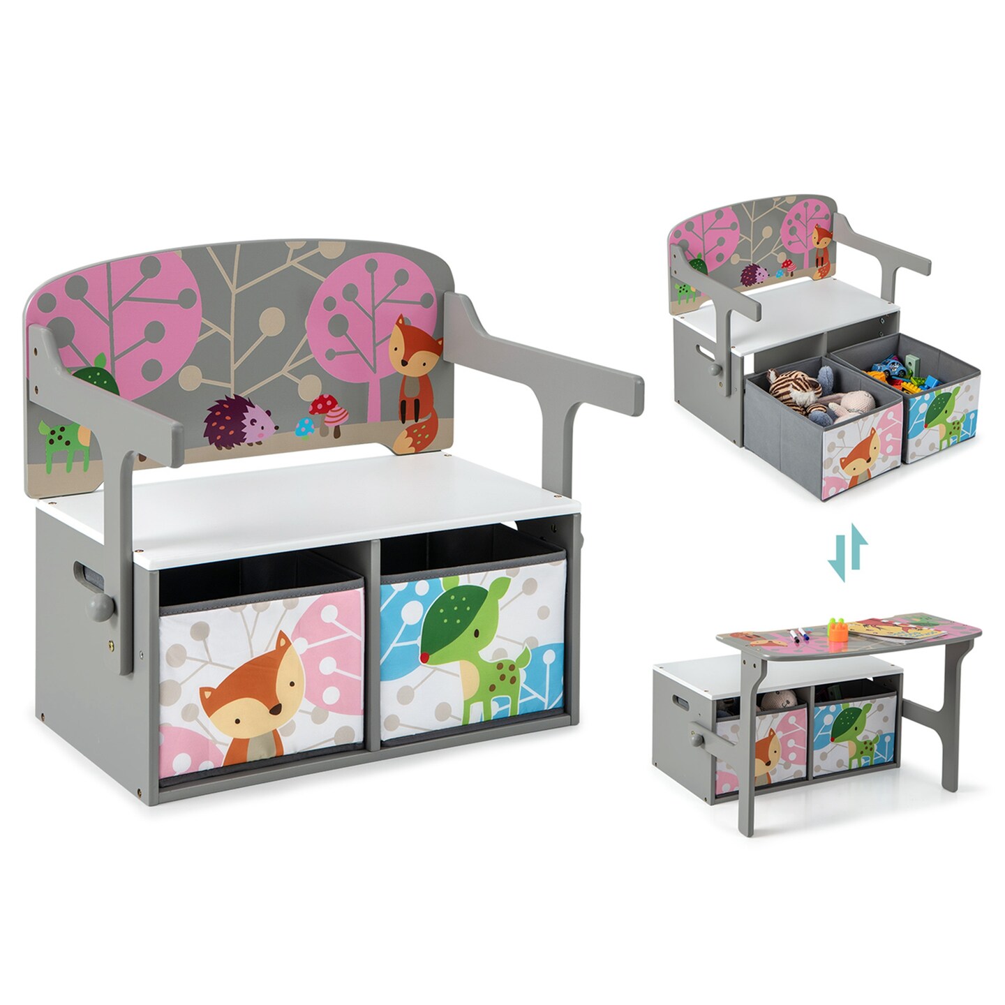 Costway 3 in 1 Kids Convertible Activity Bench Children Table &#x26; Chair Set with 2 Bins Grey/White