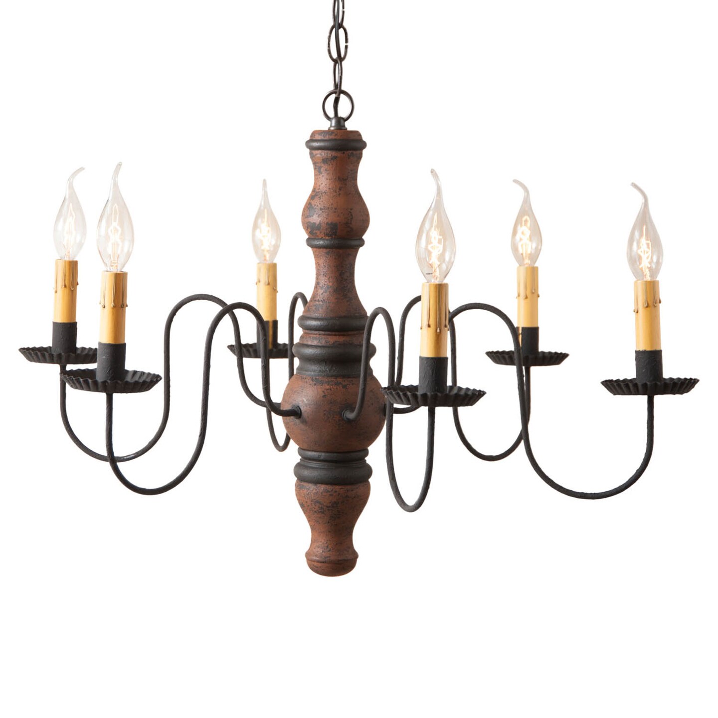 6 Arm Gettysburg Wood Dining Chandelier in Hartford Pumpkin 27 Inches Diameter