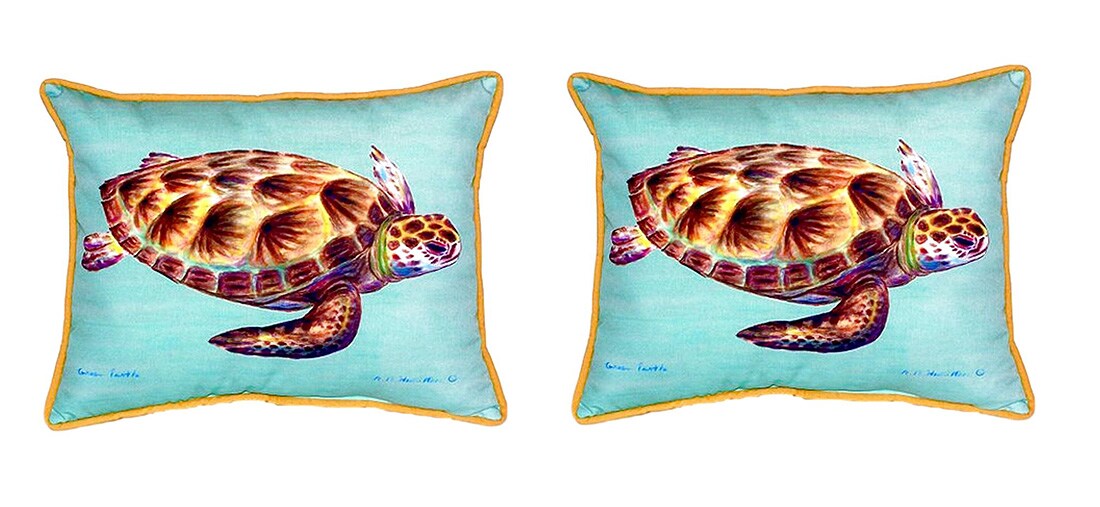 Pair of Betsy Drake Green Sea Turtle Large Indoor/Outdoor Pillows 16 In. X 20 In