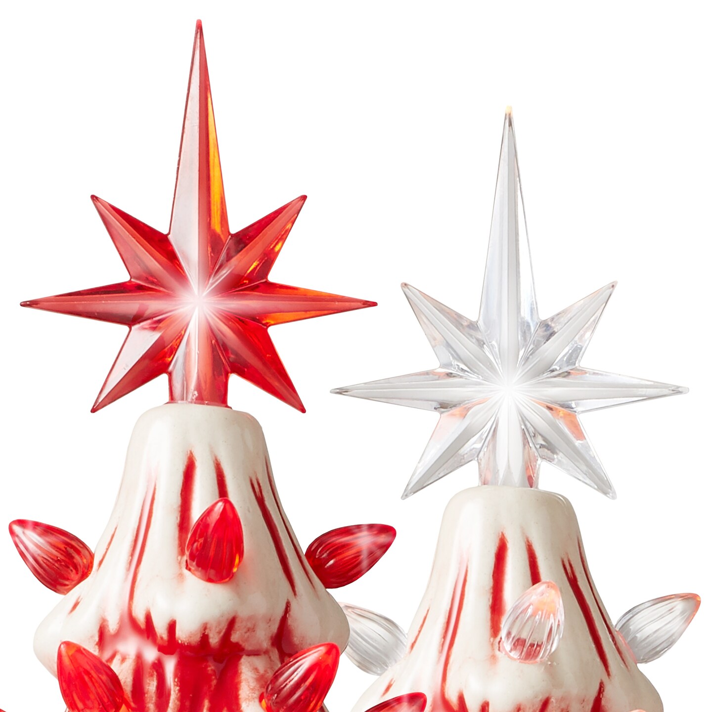 Casafield Hand Painted Ceramic Christmas Tree, Red and White Peppermint 15-Inch Pre-Lit Tree with 128 Red and Clear Lights and 2 Star Toppers