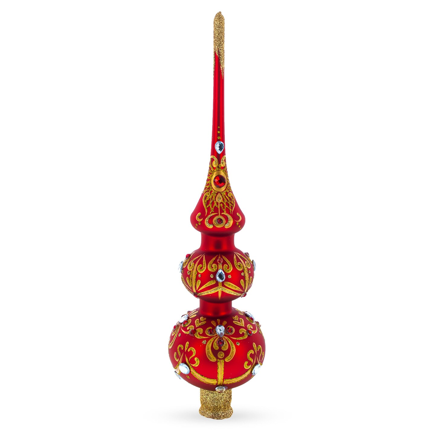 White and Red Jewels with Golden Trellis on Red Glass Christmas Tree Topper 12.5 Inches