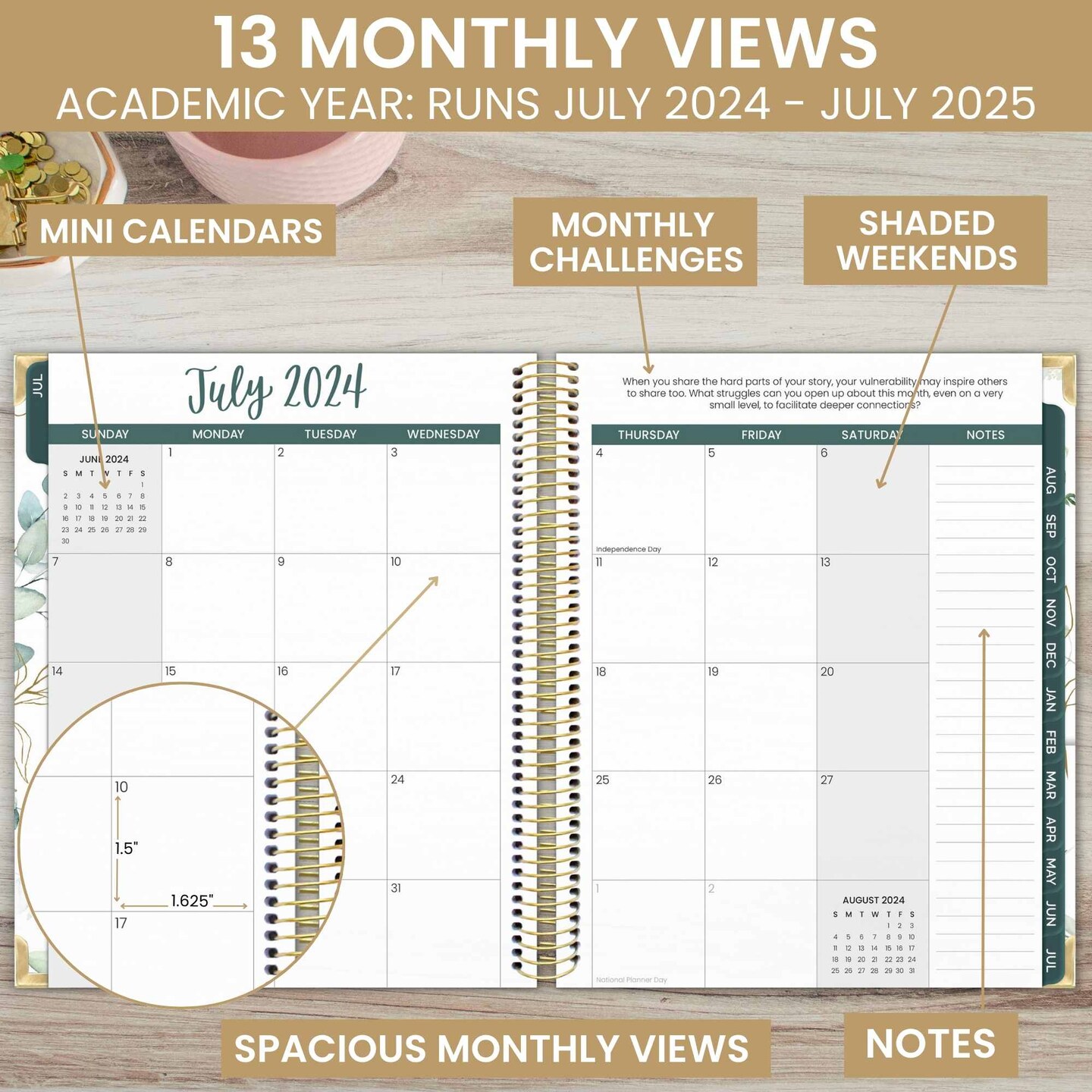 bloom daily planners 2024-25 Vision Planner, 7.5&#x22; x 9&#x22;, Eucalyptus, White