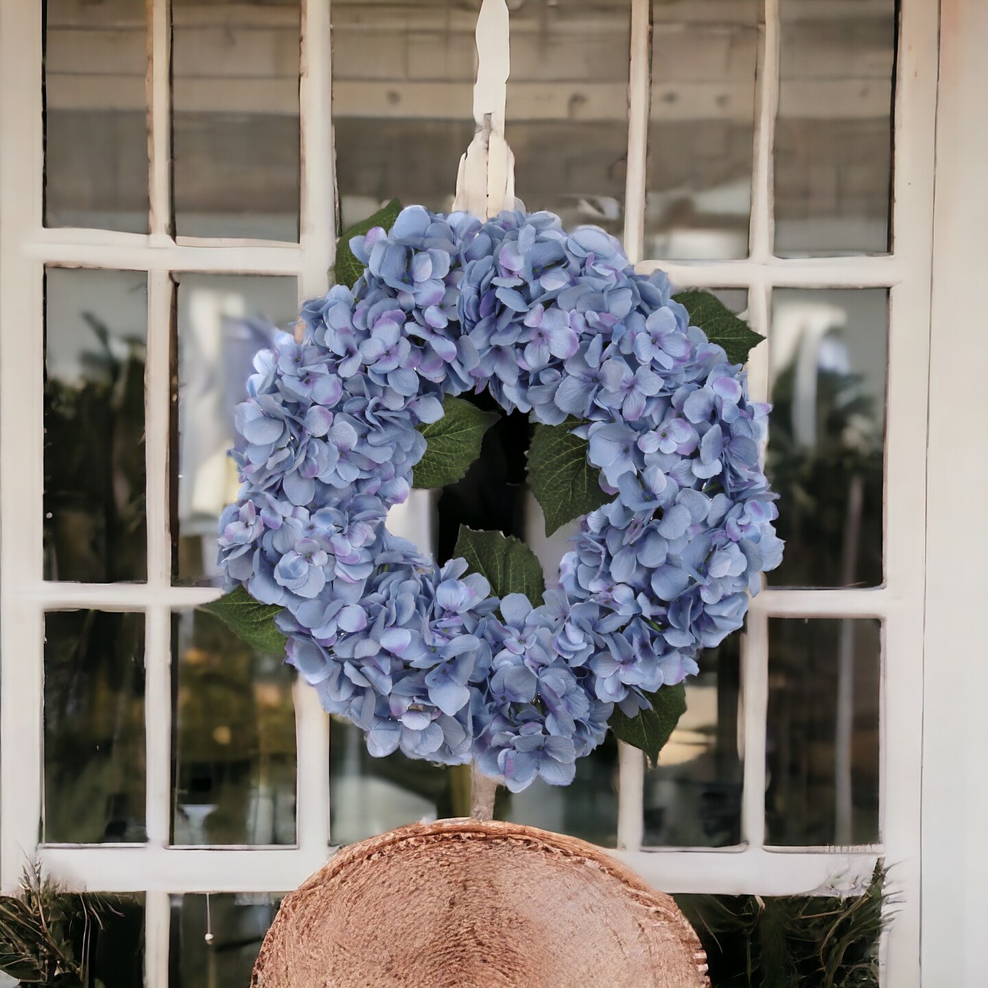 18" Blue Hydrangea Wreath with Lifelike Grapevine Ring by Floral Home®