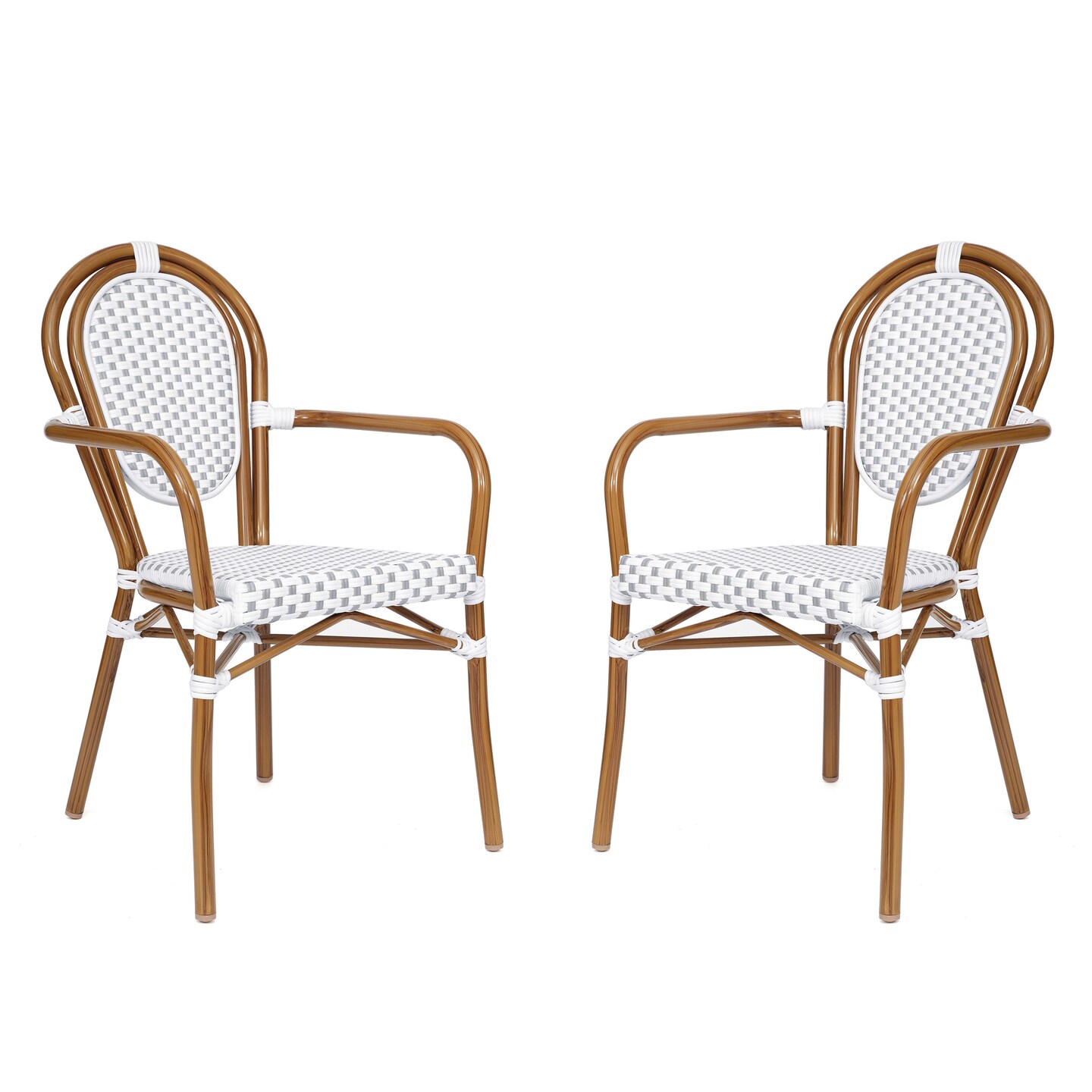 Merrick Lane Celia Set of Two Stacking Thonet Bistro Style Chair with Arms, PE Rattan Seat, and Metal Frame for Indoor/Outdoor Use