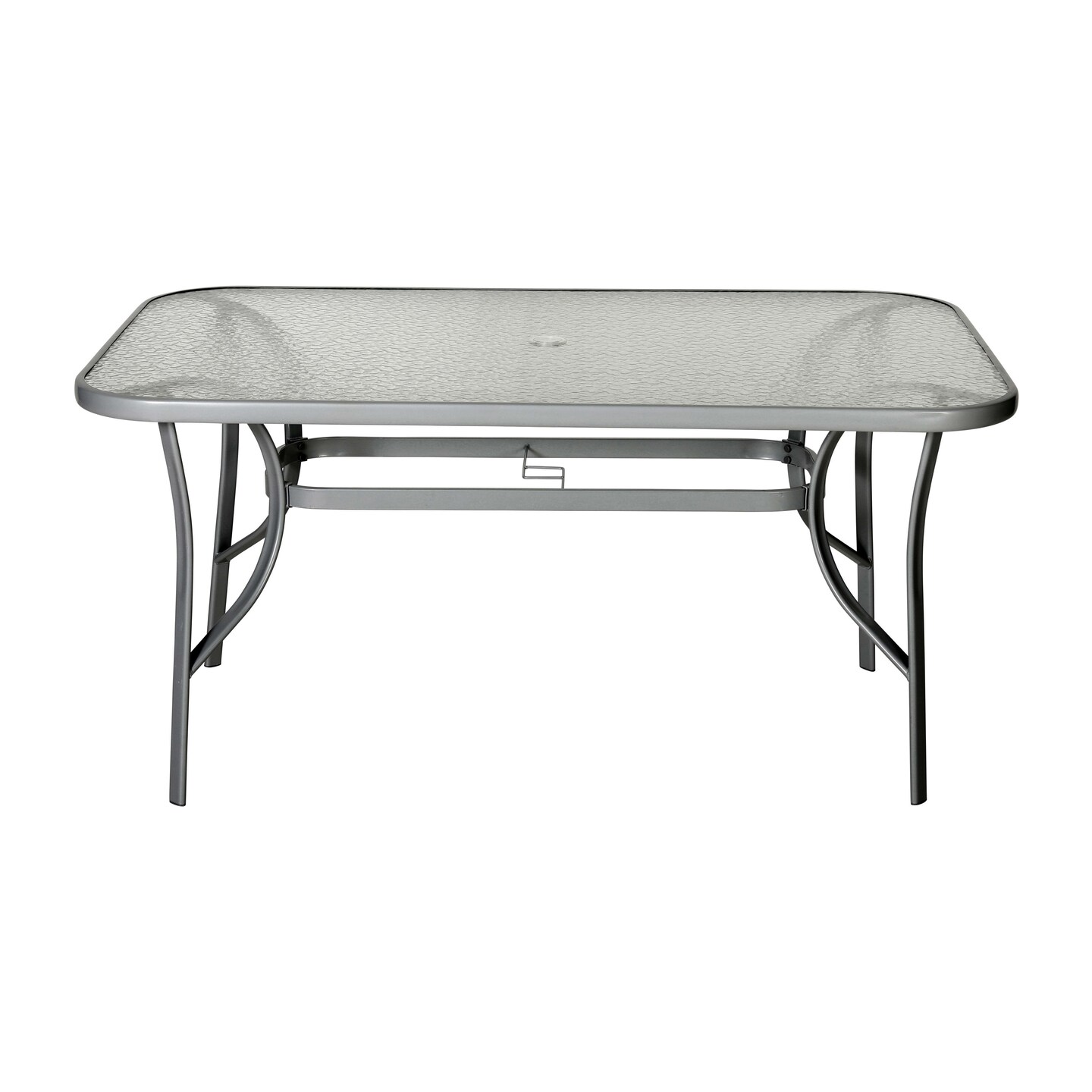 Emma and Oliver Tala Rectangular Tempered Glass Top Patio Table with Umbrella Hole and Black Steel Tube Frame