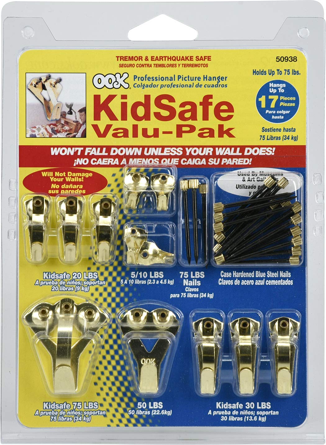 Picture Hangers, Art Hangers, Kid Safe, Brass, Reusable Picture Hooks, 10-75lb (Value Pack)