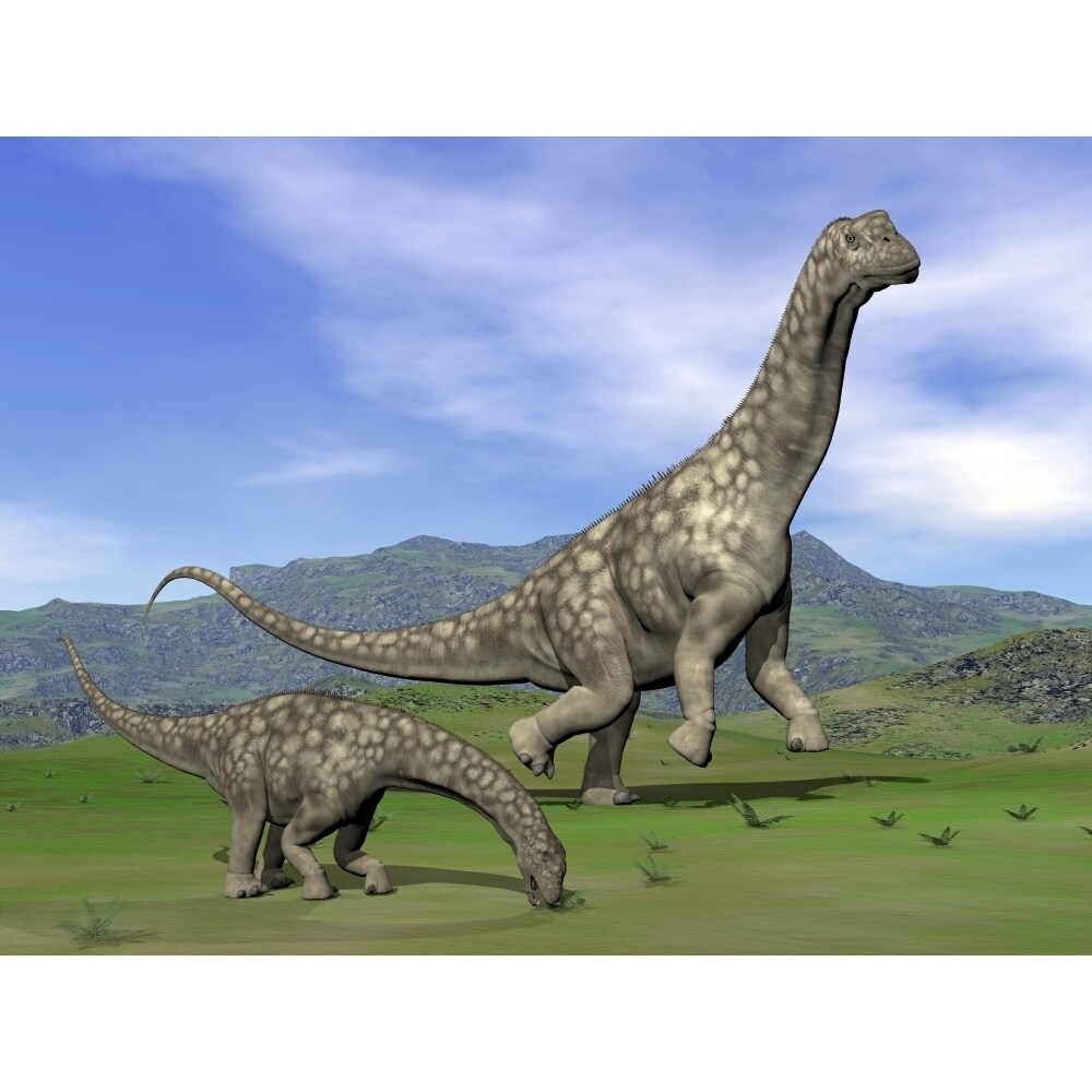 Mother Argentinosaurus Dinosaur And Baby Grazing A Green Landscape Poster Print
