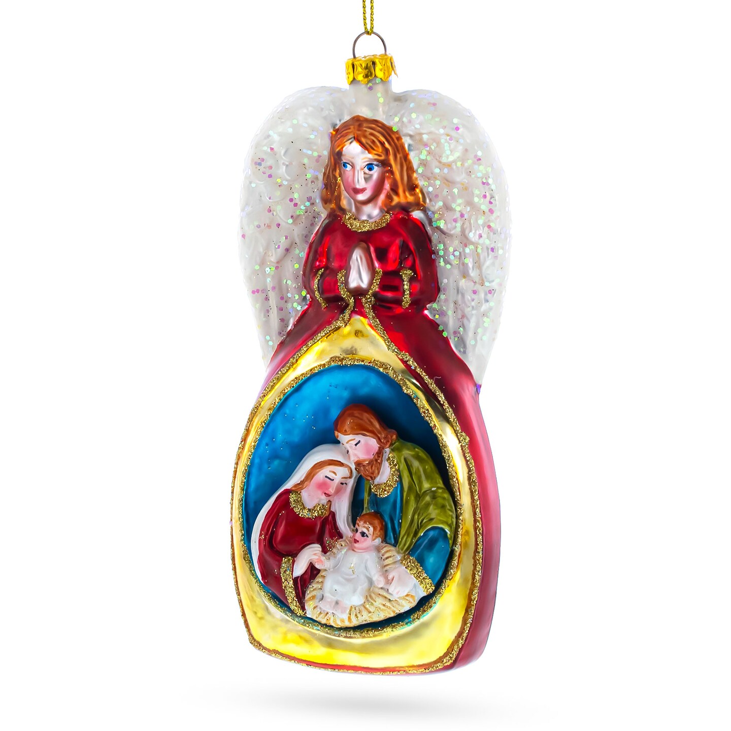 Angel Above Nativity Scene Blown Glass Christmas Ornament