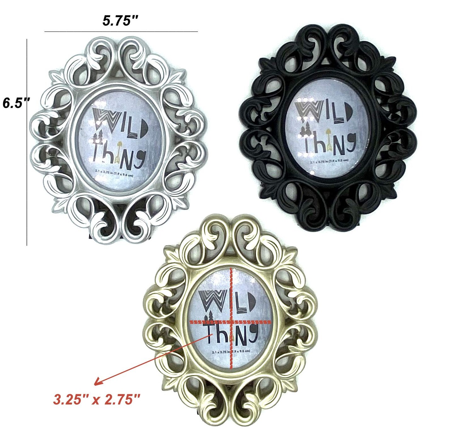 Azi 3 Small Vintage Style Baroque Ornate Oval Picture Frame 6.5” x 5.75” Picture Frames Fit Picture 3.25 by 2.75 in Gold, Black & Silver for Wall and Tabletop Display