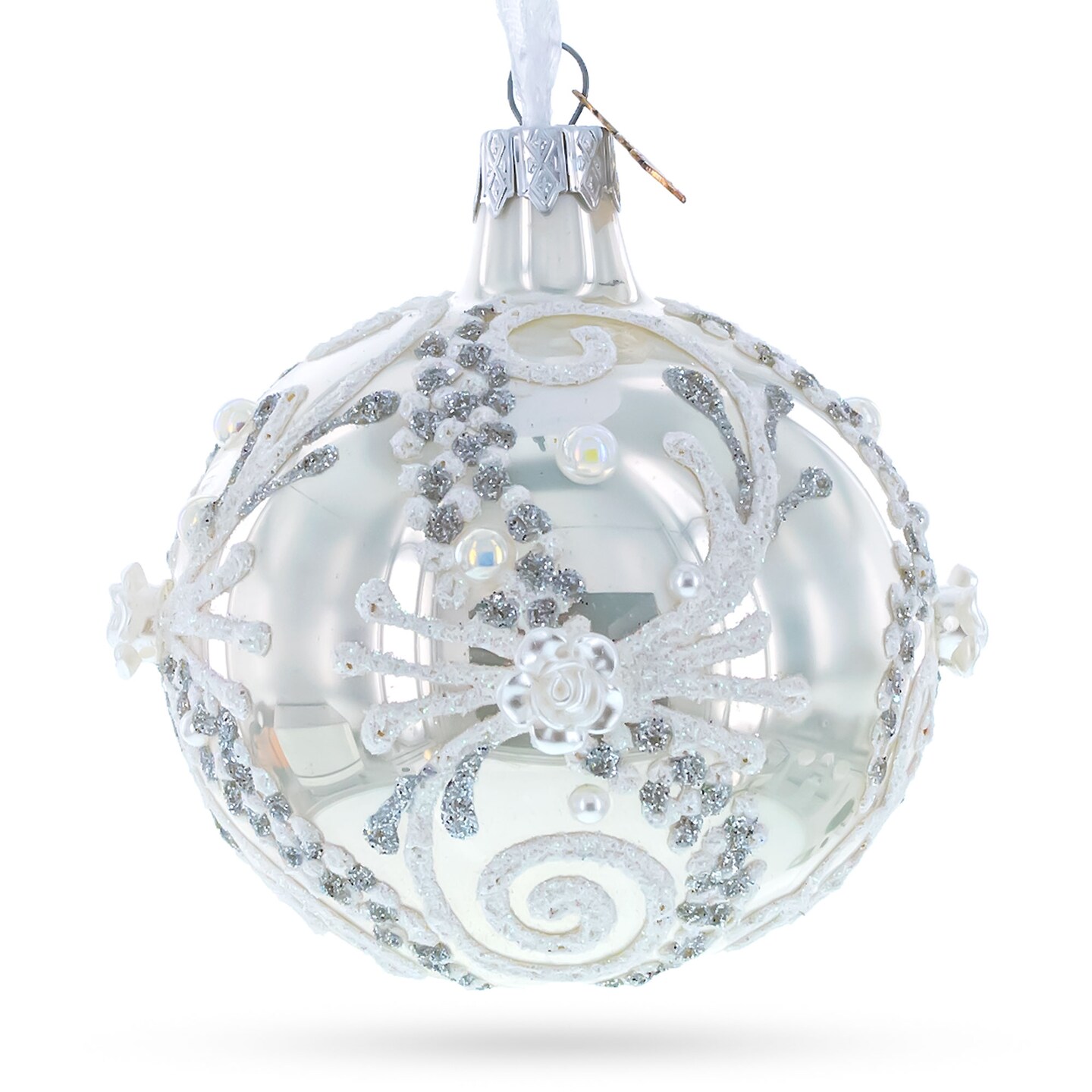 Snow Swirls on White Glass Ball Christmas Ornament 3.25 Inches