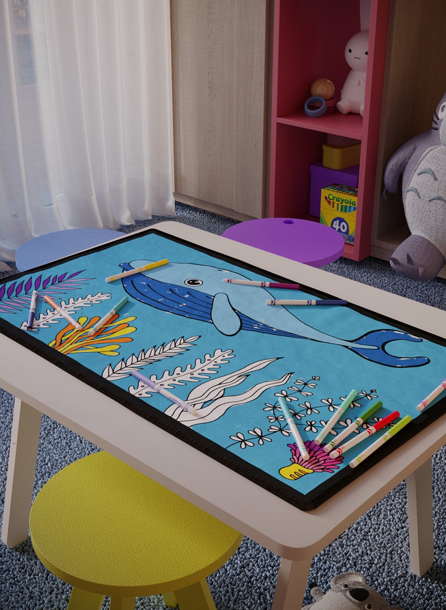 Kids Activities Coloring Ocean Decor Washable Rug &#x26; Markers Playroom Art Whale Underwater Aquarium Sea Animals Kids Rugs Coloring Book Pages