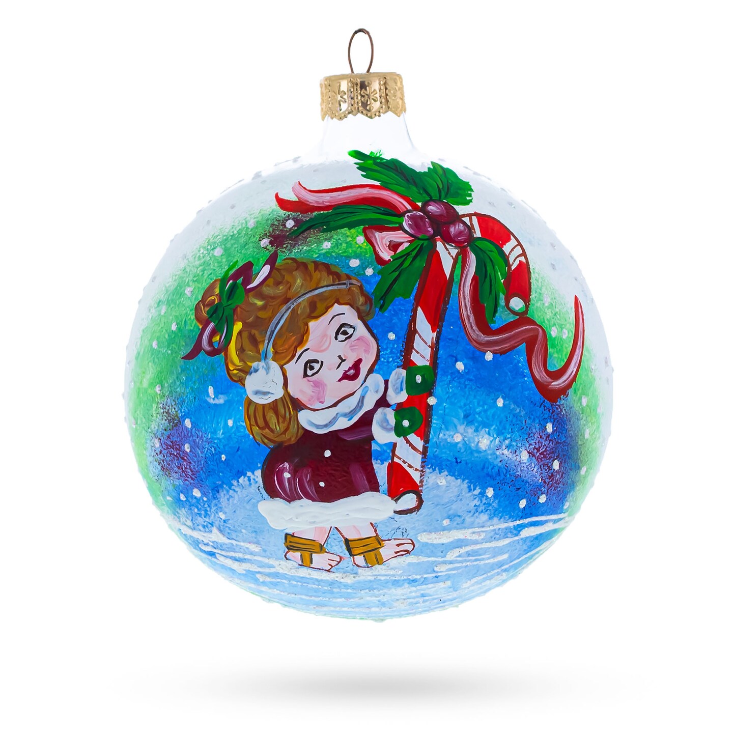 Girl with Candy Cane Glass Ball Christmas Ornament 4 Inches