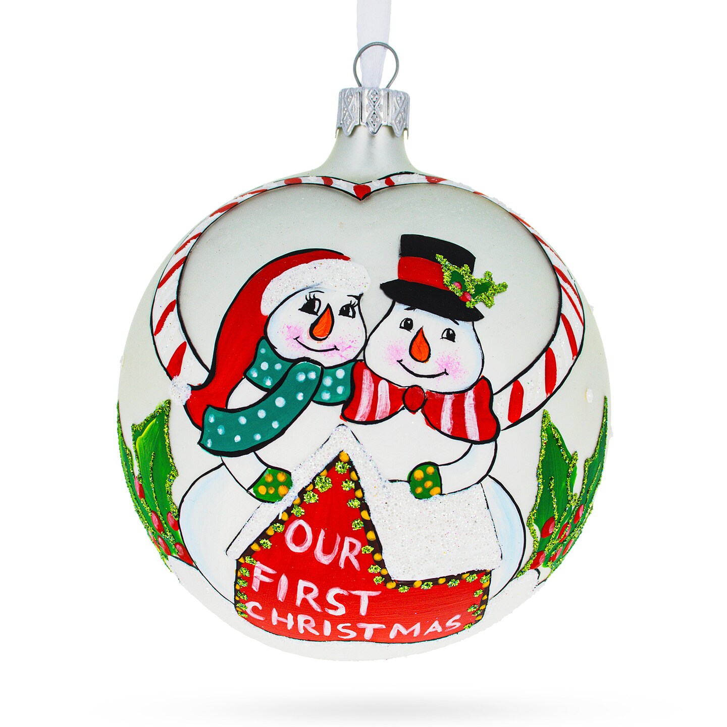 Snowmen Celebrating &#x27;Our First Christmas&#x27; Glass Ball Christmas Ornament 4 Inches