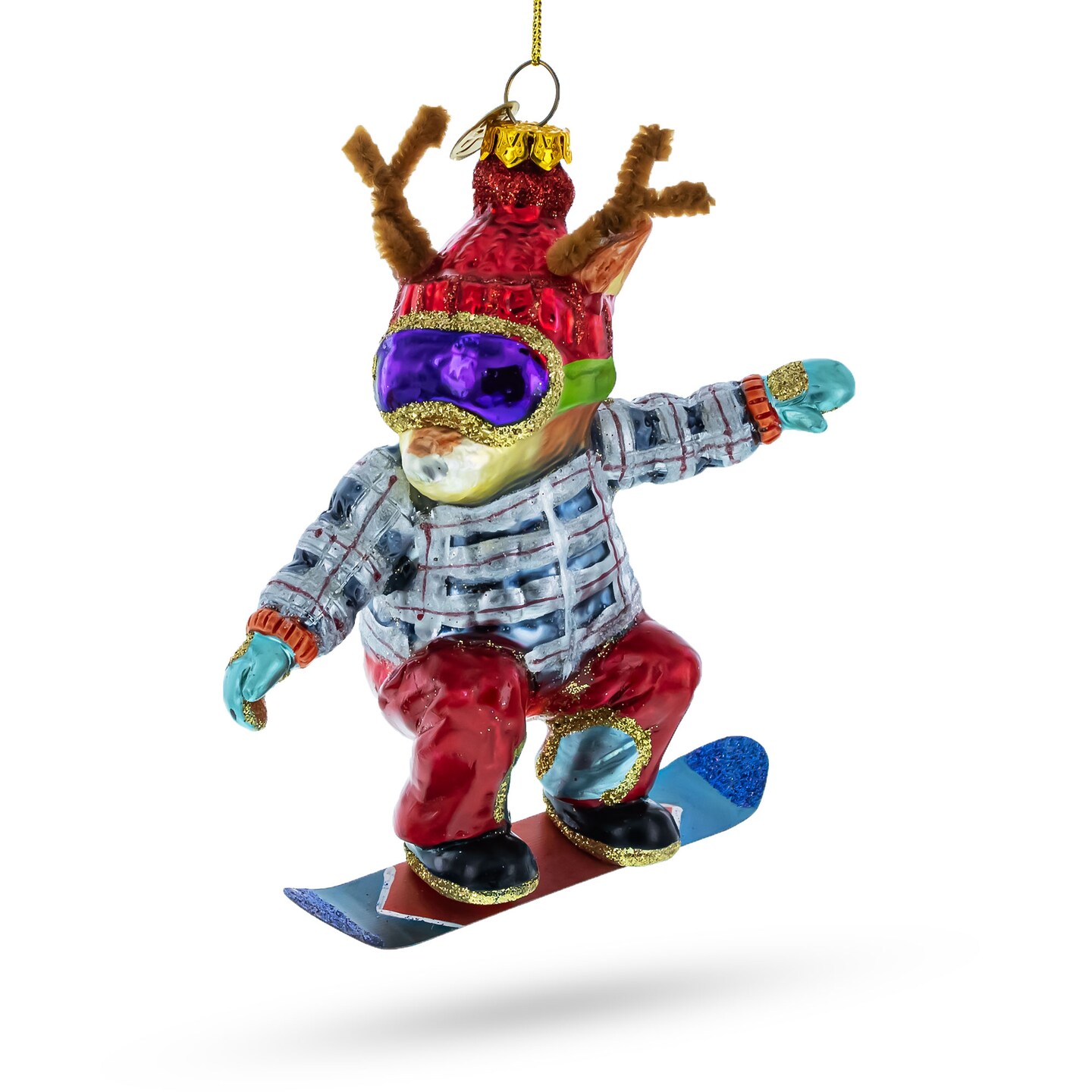 Adventurous Moose on Snowboard Glass Christmas Ornament