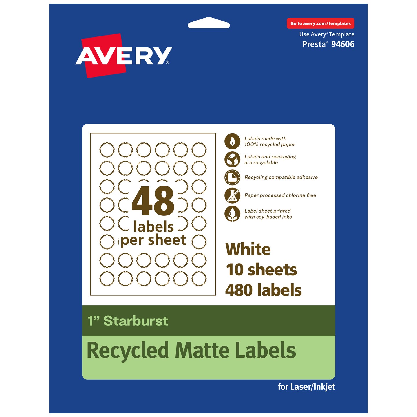 Avery Recycled Matte White Labels,  1&#x22; Starburst