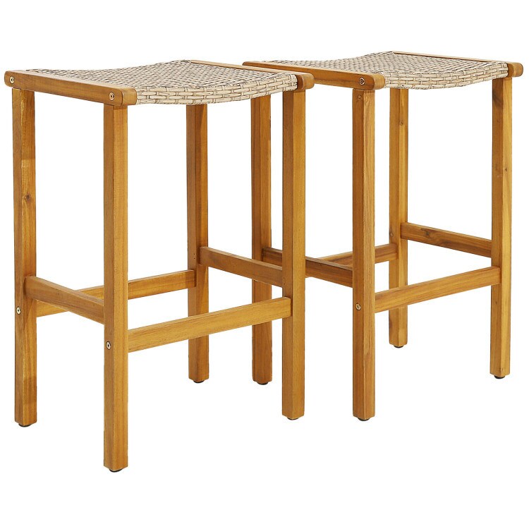 Rustic Wood Bar Stools Set | Natural Wood Color with Light Brown PE Rattan | Elevate Your Patio Experience